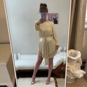 NWT STRAW GOLD SEQUIN LONG SLEEVE DRESS BELT LINED OPEN FIT METALLIC ASYMMETRIC